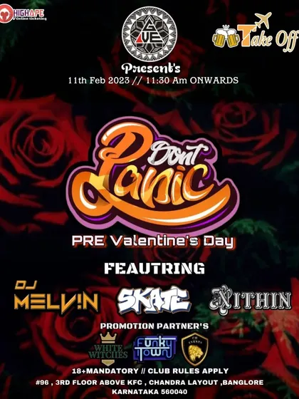"Don't Panic" Pre-Valentine's Day party poster for an event at Take Off.