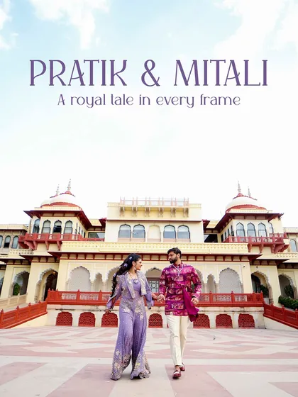 A stunning portrait of the couple in front of the majestic Rambagh Palace. A destination wedding is also about capturing the essence of the location in your memories.
