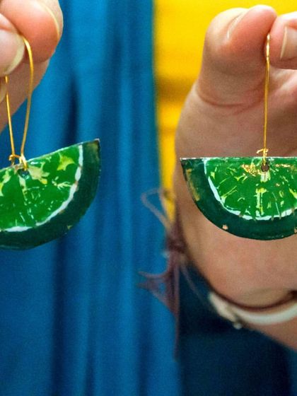 A pair of quirky, watermelon-slice inspired earrings made with enamel on copper. A fun project from our jewellery workshop.