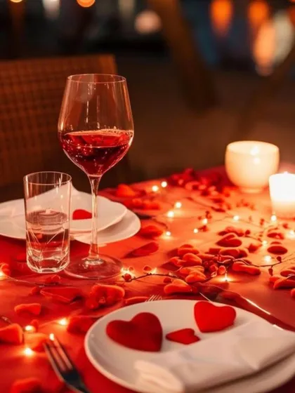 Setting the scene for a romantic dinner for two. This intimate setup features a table scattered with heart-shaped confetti and rose petals, illuminated by fairy lights and candles, creating the perfect atmosphere for a special night.