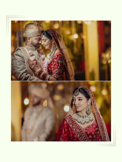 A diptych of Alankrit and Parul, featuring a romantic close-up and a beautiful shot of the bride, capturing the soft, warm lighting of the venue.