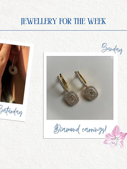 Styling your weekend with sparkle. This collage shows how to pair different diamond earrings for Saturday and Sunday to create looks that are both chic and effortless.