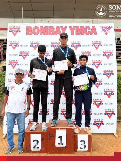 Three of our male athletes dominate the podium, showcasing their success at the state-level athletics meet.
