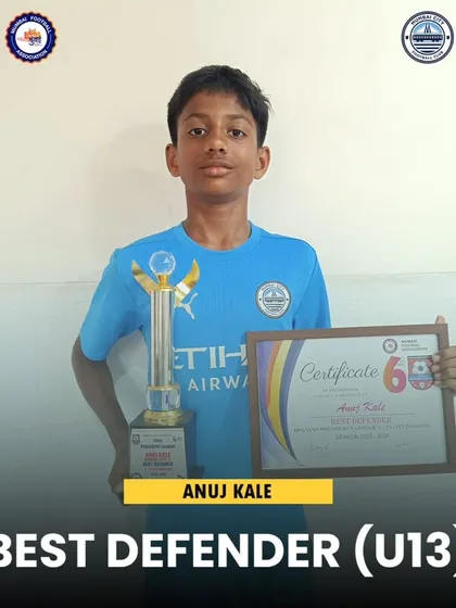 Anuj Kale holding his award for Best Defender in the U13 category at the YPL 2023-24 Awards.