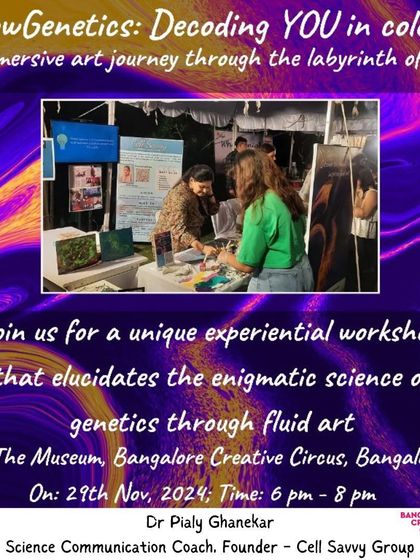 Announcing "FlowGenetics," a unique experiential workshop that explains the science of genetics through fluid art. This poster invites you to an immersive art journey through the labyrinth of genes.