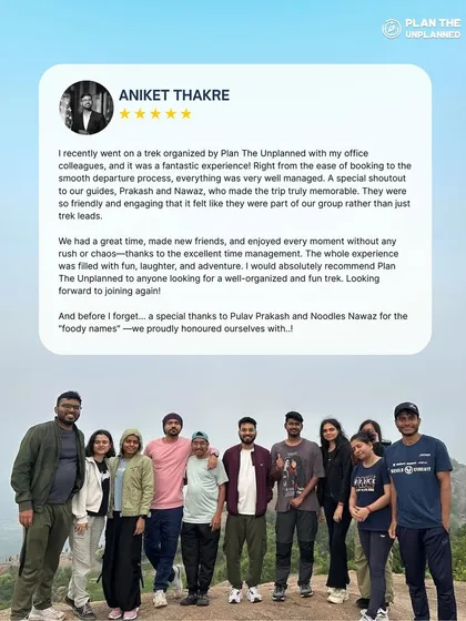Aniket's review from a corporate trek. He praises the excellent time management, fun-filled atmosphere, and the friendly guides who felt like part of the group.