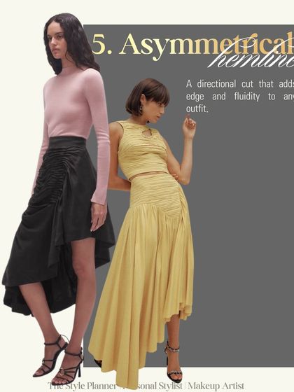 The asymmetrical hemline adds an edgy and fluid cut to any outfit. It's a great way to make a simple skirt more interesting.