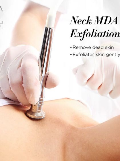 Neck MDA (Microdermabrasion) is a gentle exfoliation treatment that removes dead skin and improves texture on the delicate neck area.