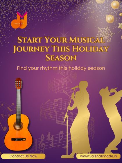 Start your musical journey this holiday season. This promotional graphic encourages people to find their rhythm by enrolling in our guitar, piano, or singing classes as a gift to themselves or loved ones.