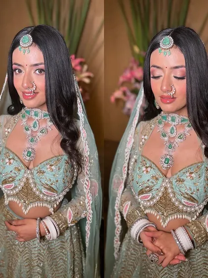Two beautiful angles of this pastel bridal look. The makeup is designed to be stunning from every side, ensuring you look perfect in all your photos.