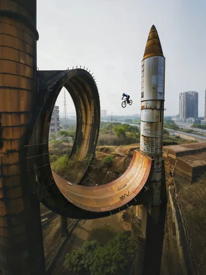 A BMX biker performs a trick on a massive, looping structure built between two chimneys in 'Rocketganj'. This shows how residents repurpose industrial decay for recreation.
