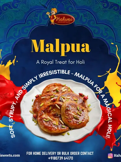 Our Malpua is a royal treat for any celebration. Soft, syrupy, and simply irresistible, these golden pancakes are a magical addition to your festive menu.