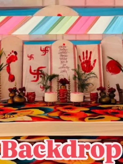A traditional backdrop designed for a home ceremony. The panels feature auspicious symbols like Swastik and footprints, reflecting our attention to cultural details for your important rituals.