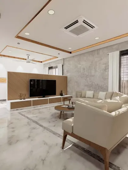 A 3D visualization of a luxurious living room, featuring Italian marble floors, a textured paint wall, and teak wood ceiling details. This helps clients visualize the final space.