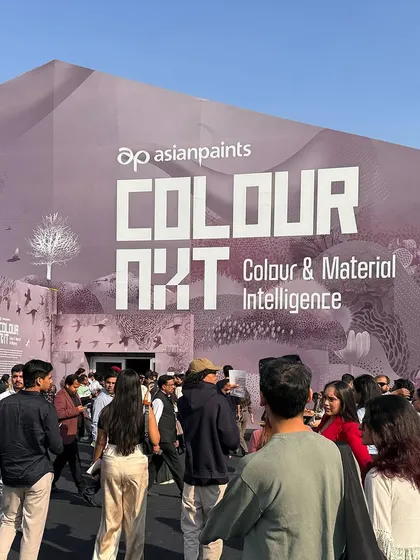 The crowd outside the ColourNext 2025 pavilion, for which we developed the visual identity and print design. The branding reflects the immersive, mystical, and pensive nature of the Colour of the Year, 'Cardinal'.
