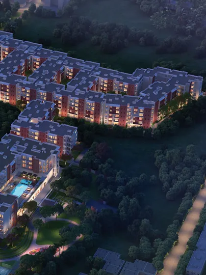 This view shows how our modular clusters are arranged around shared amenities like a pool. Each cluster is designed as a micro-neighborhood, fostering a sense of place and connection.