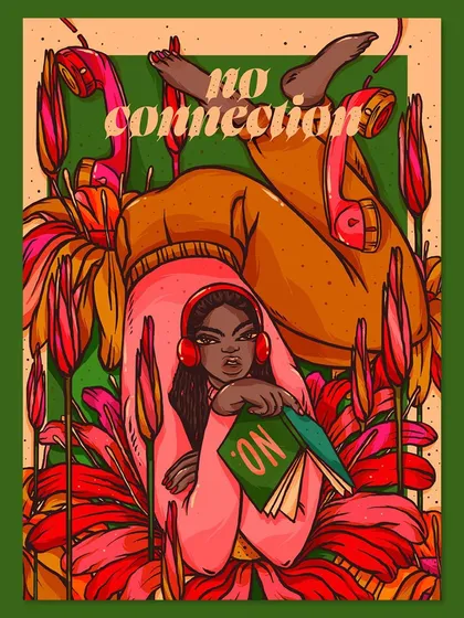 An illustrated poster created in collaboration with a student writer for her poem "No Connection." The artwork visualizes the poem's powerful themes of identity, defiance, and claiming space, using bold colors and fierce imagery.