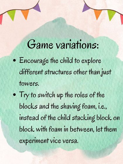 These graphics provide variations, benefits, and instructions for the shaving foam and blocks activity, a fun way to strengthen grip and explore creativity.