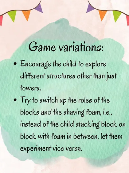 These graphics provide variations, benefits, and instructions for the shaving foam and blocks activity, a fun way to strengthen grip and explore creativity.