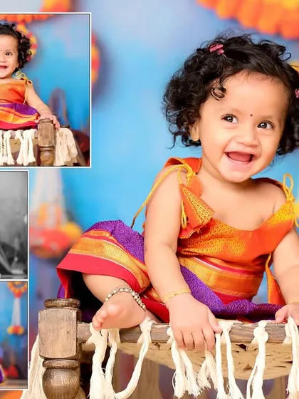 A photo album collage from a baby's first-year milestone shoot, showcasing her in a traditional Maharashtrian parkar polka.