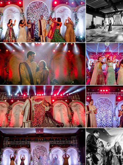 A vibrant collage from a Sangeet night, filled with dance performances, stage lights, and celebratory moments.