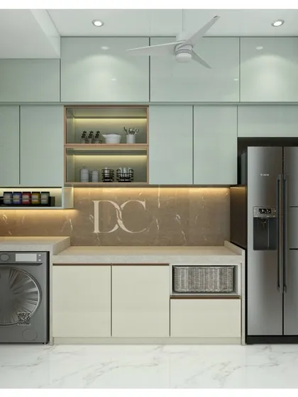 This utility area is an extension of the kitchen, housing the washing machine and providing extra counter space. We maintained the same cabinet style and color scheme for a cohesive design.