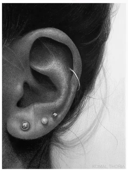 A demonstration drawing of an ear. This complex form is broken down into simpler shapes and shadows, making it easier to understand and draw accurately.