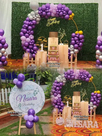A collage showing the welcome sign and main stage for Nesara's first birthday party. I ensure all decoration elements are perfectly matched.