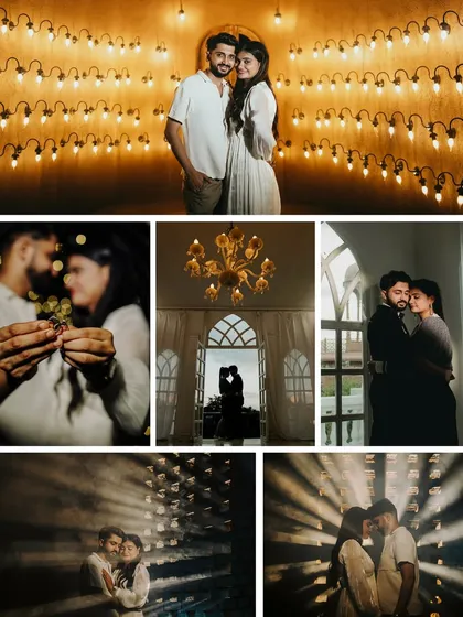 A collage of artistic and moody portraits, showcasing various techniques from silhouettes to dramatic lighting. This collection highlights my creative approach to capturing love in a unique and memorable way.
