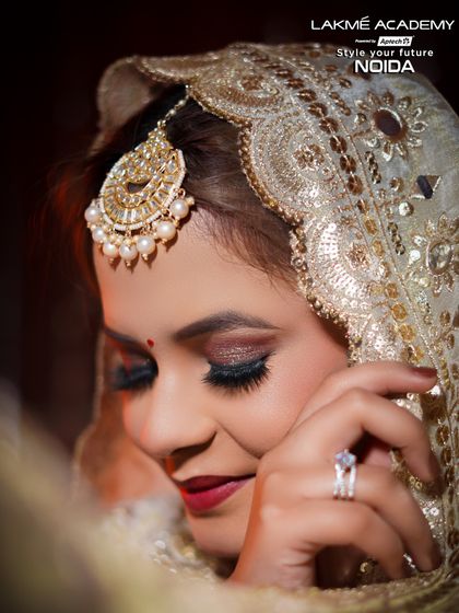 A close-up of the soft bridal makeup, focusing on the shimmery eye and flawless skin finish.
