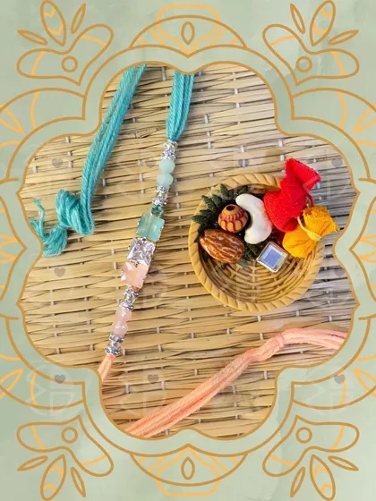 This rakhi is made with beautiful pastel-colored healing crystals. It's a thoughtful gift that offers love, protection, and positive energy.