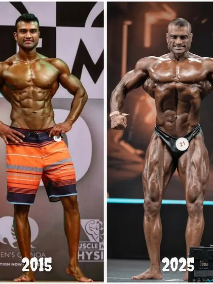 A 10-year transformation from 2015 to 2025. This shows the long road from competing in Men's Physique to becoming an IFBB Pro bodybuilder. Progress takes time and unwavering dedication.