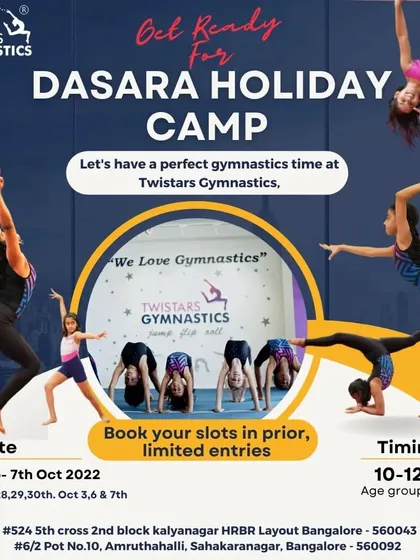 Don't miss our Dasara Holiday Camp! It's the perfect way to spend the holiday break, with gymnastics training from 10am to 12pm. Book your slot before they're all gone!