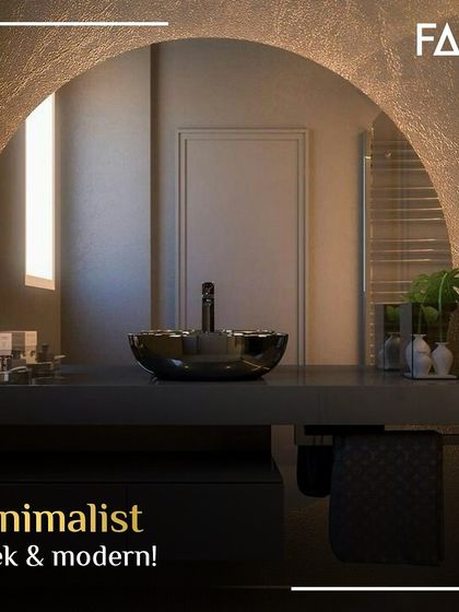 If you love clean lines, this minimalist vanity is for you. The sleek, dark design with a unique curved, backlit mirror and a glossy black vessel sink embodies modern simplicity.