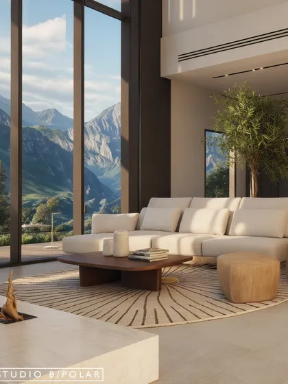 A corner of the living room showing how the space is designed for comfort and relaxation, with a plush sofa and a soft rug. The design is all about creating a serene escape that feels connected to its beautiful surroundings.