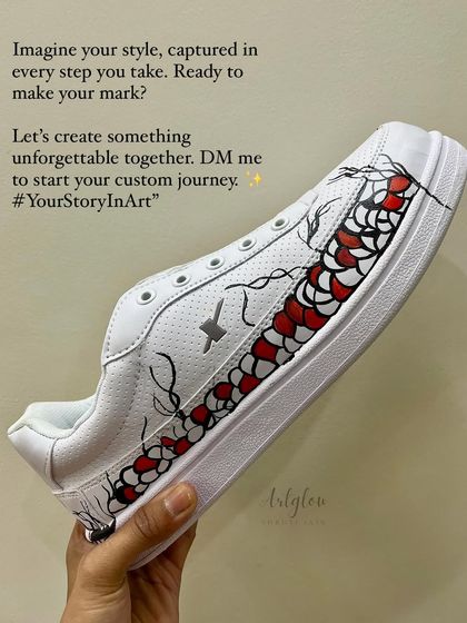 Imagine your style captured in every step you take. This view shows the intricate red and black scales of the dragon's body on the custom sneakers.