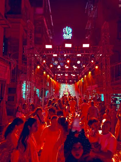 I transform open spaces into vibrant venues for Navratri Garba nights. This photo shows a street buzzing with energy, fully equipped with my trussing, lighting, and sound system to create an unforgettable night of dance and devotion.