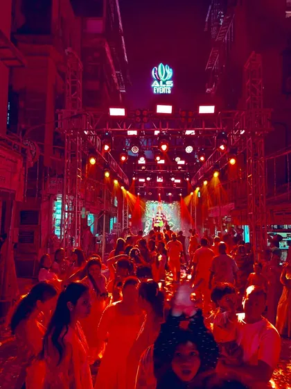 I transform open spaces into vibrant venues for Navratri Garba nights. This photo shows a street buzzing with energy, fully equipped with my trussing, lighting, and sound system to create an unforgettable night of dance and devotion.
