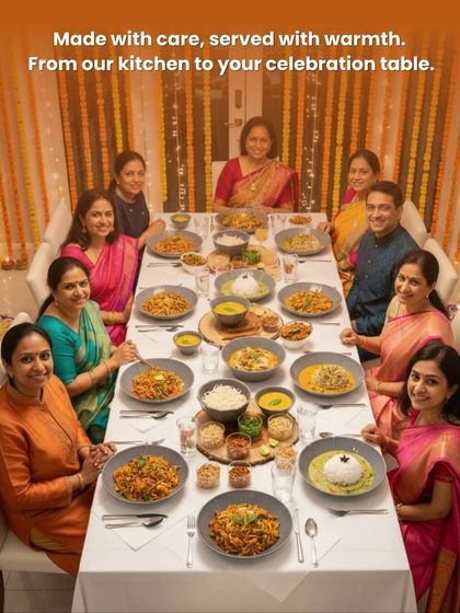 Made with care in my kitchen, served with warmth at your celebration table. A family enjoys a traditional Indian-style meal setup for Diwali.
