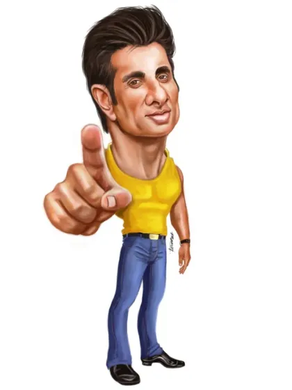 A custom caricature celebrating the birthday of actor and philanthropist Sonu Sood.