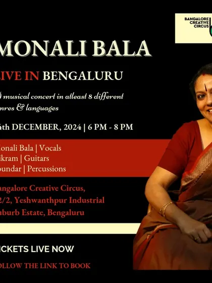 Monali Bala, live in Bengaluru! We host musical journeys that celebrate the rich diversity of India, with concerts spanning multiple genres and languages.