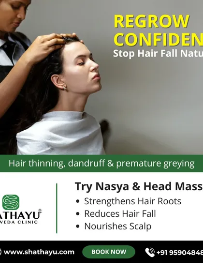 We help you regain confidence by addressing hair fall at its source. This image shows a client receiving a specialized head treatment, part of our program that includes Nasya therapy and nourishing scalp massages to strengthen hair roots and reduce hair fall naturally.