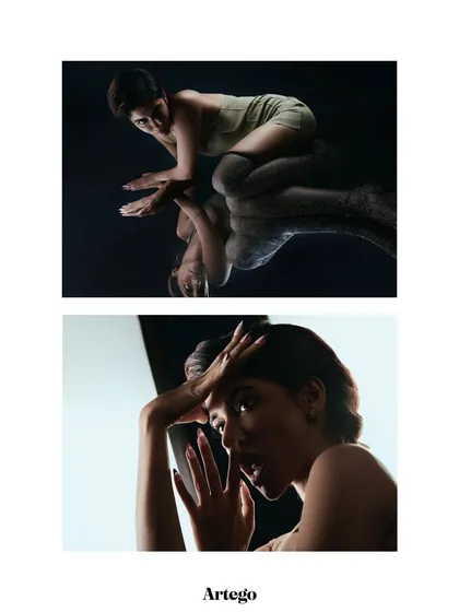 A diptych for Artego Magazine, combining a reflective, abstract pose with a soft, backlit beauty shot to show versatility.