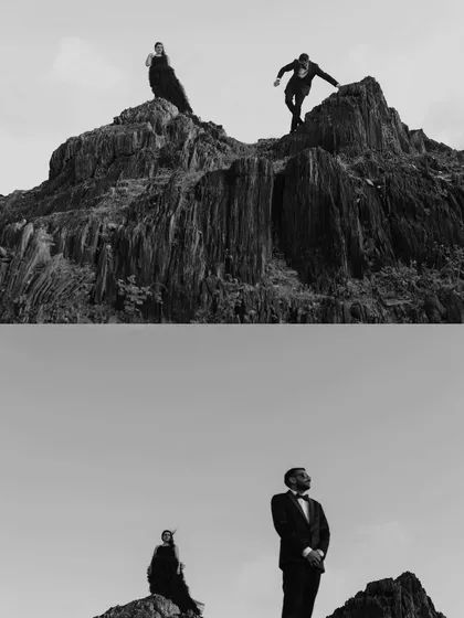 A dramatic black and white diptych of the couple on a rugged mountain, conveying a sense of high-fashion drama and adventure.