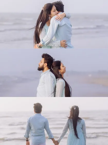 A series of shots from the beach pre-wedding session, showing a loving hug, a back-to-back pose, and the couple looking out at the ocean together.