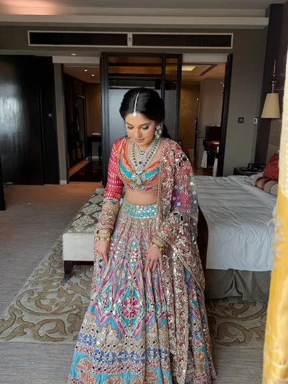 A full-length view of the stunning, multi-colored Garba lehenga.