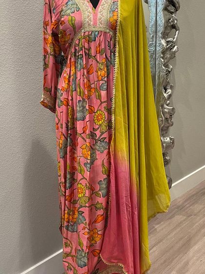 A preview of our "celebrate love" live event, featuring this beautiful pink and yellow floral suit.
