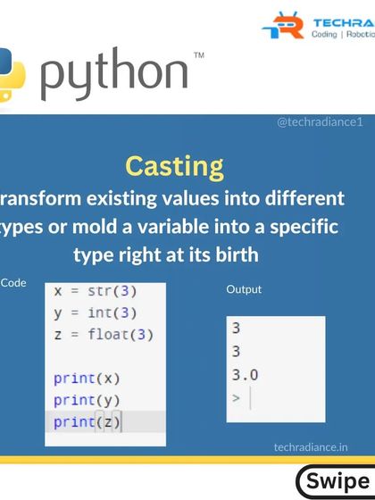 An infographic explaining "casting" in Python, which is the process of converting variables from one data type to another.