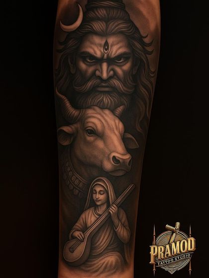 A powerful composition featuring the fierce form of Mahadev, his loyal companion Nandi, and a devotee playing a sitar. This tattoo tells a story of devotion, power, and divine music, all in one intricate design.