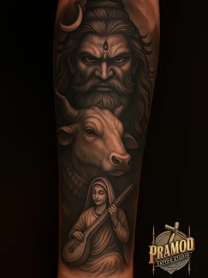 A powerful composition featuring the fierce form of Mahadev, his loyal companion Nandi, and a devotee playing a sitar. This tattoo tells a story of devotion, power, and divine music, all in one intricate design.